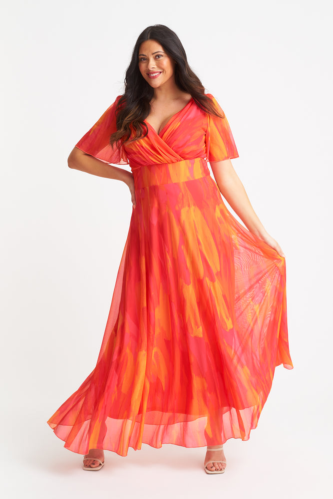 Isabelle Orange Pink Yellow Print Float Sleeve Maxi Dress