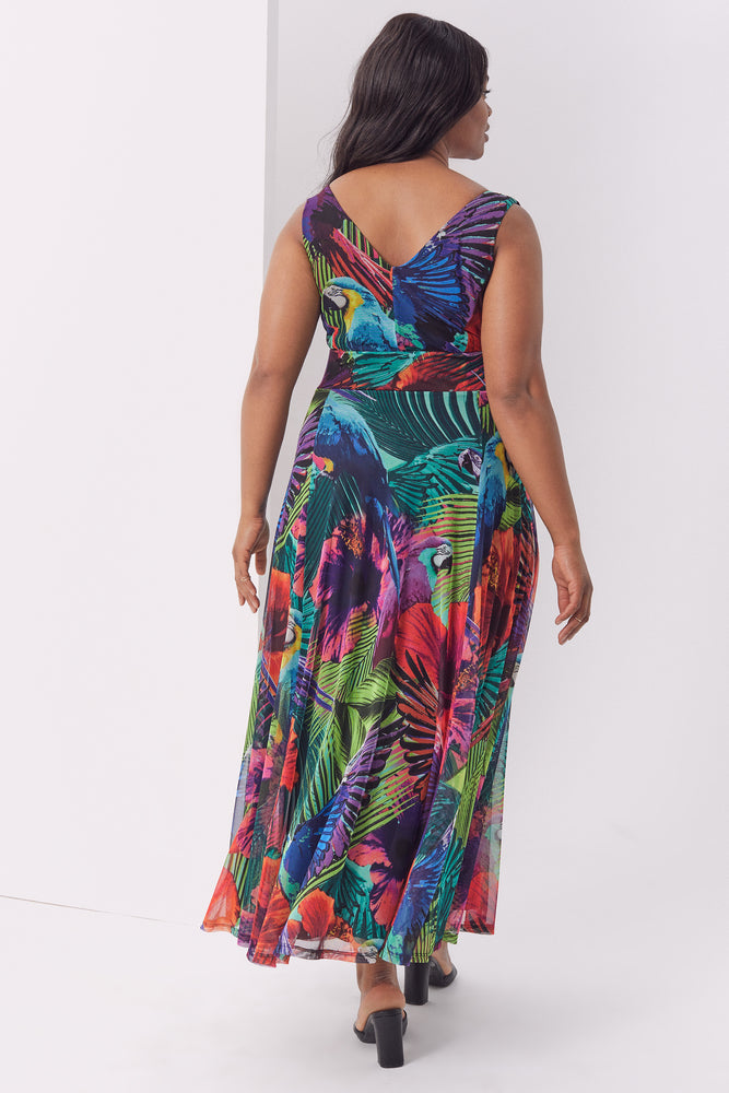 Amelia Tropical Paradise Print Mesh Maxi Dress