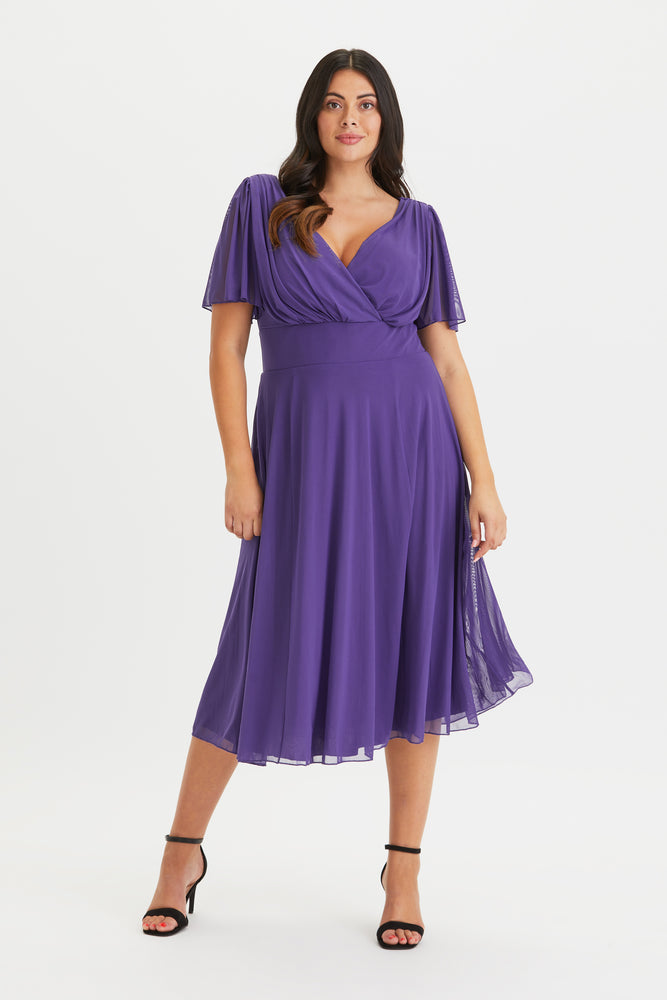 Victoria Purple Angel Sleeve Mesh Midi Dress