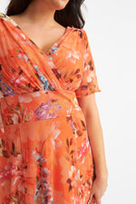 Victoria Orange Print Angel Sleeve Mesh Midi Dress
