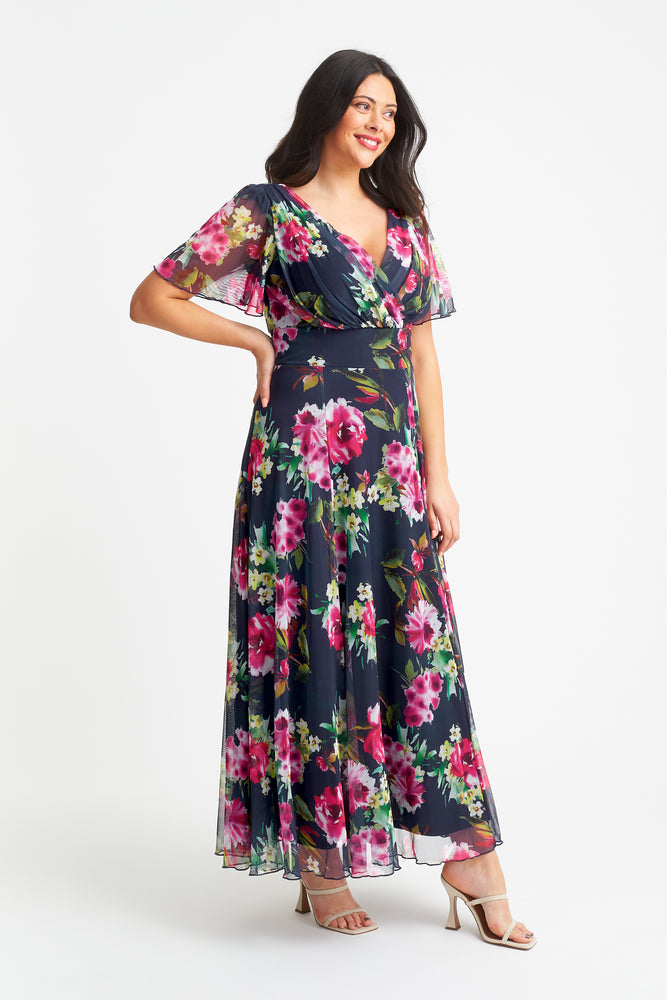 Isabelle Navy Cerise Print Float Sleeve Maxi Dress