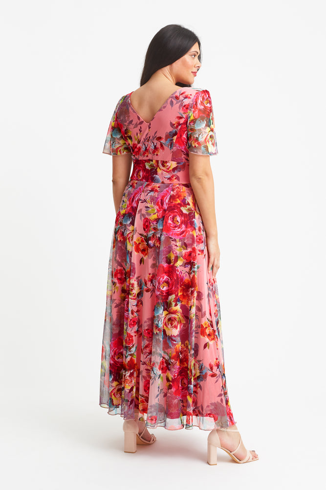 Isabelle Pink Cerise Print Float Sleeve Maxi Dress