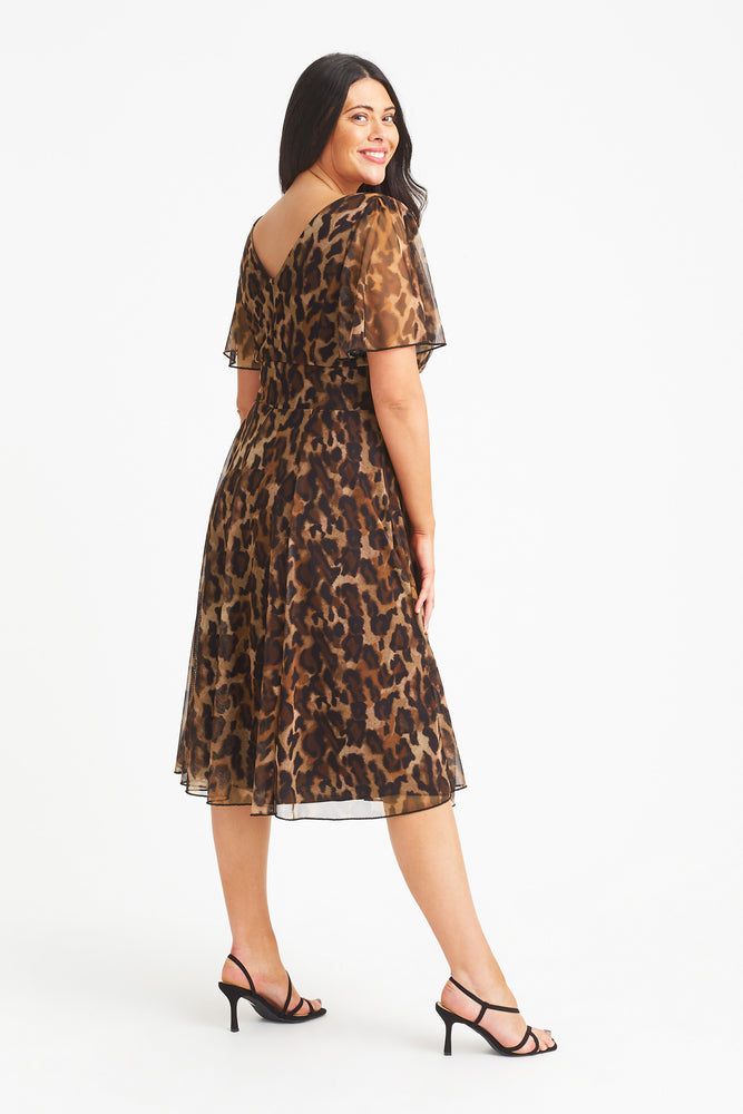 Victoria Leopard Print Angel Sleeve Mesh Midi Dress