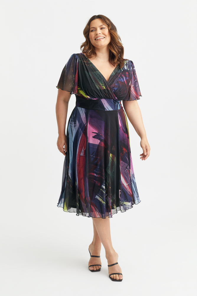 Victoria Abstract Angel Sleeve Mesh Midi Dress