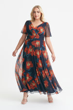 Isabelle Navy Orange Print Float Sleeve Maxi Dress