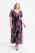 Isabelle Black Cerise Print Float Sleeve Maxi Dress