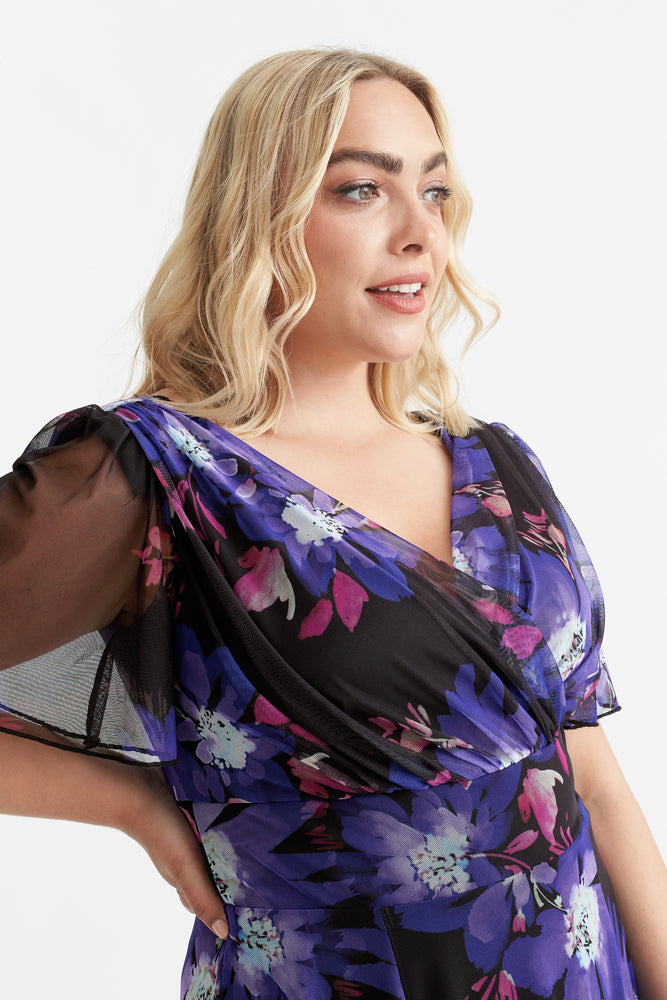 Isabelle Black Purple Print Float Sleeve Maxi Dress