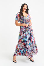 Kemi Blue Multi Print Bolero Wrap Bodice Maxi Gown