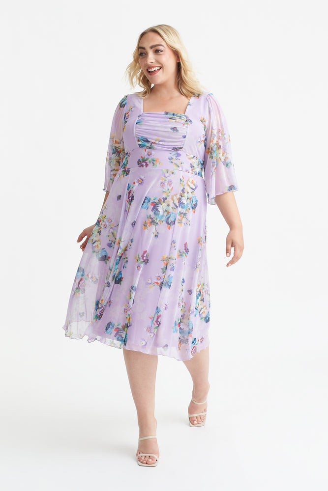Genevieve Lilac Multi Ruched Bodice Midi Dress