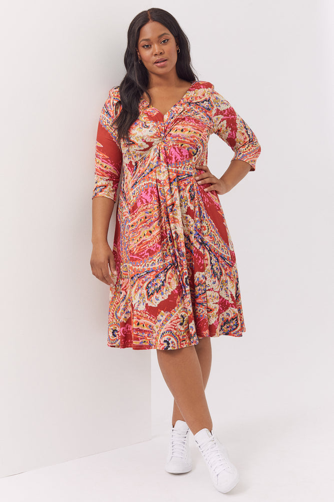 Claudia Paisley Peach Touch Jersey Knot Front Dress