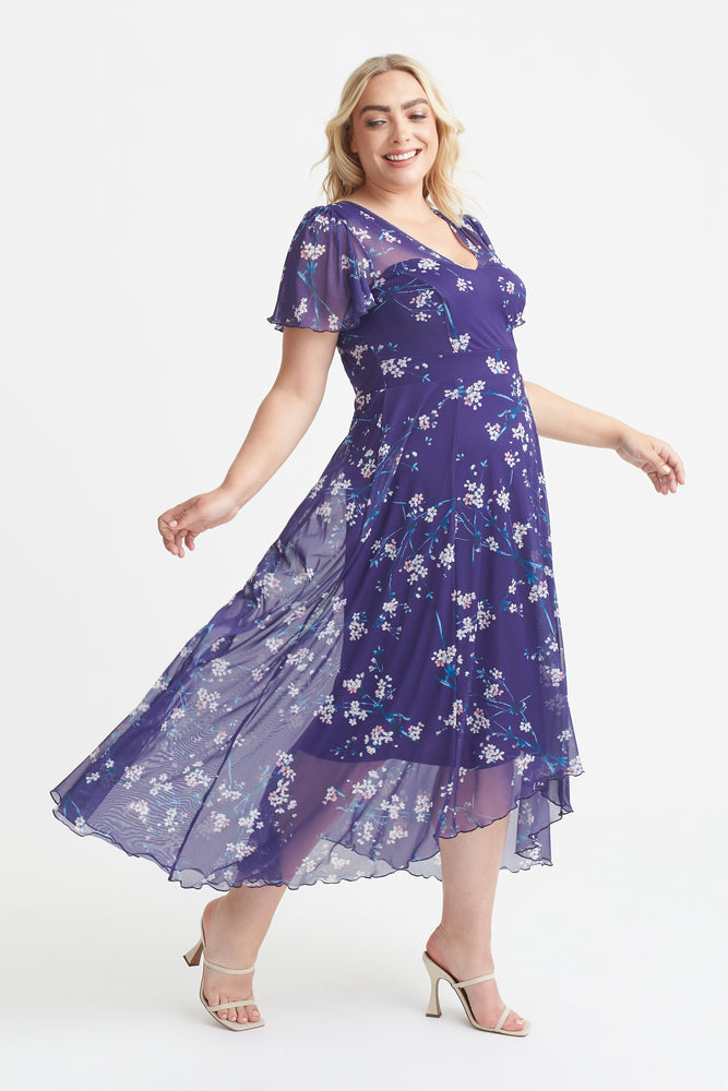 Tilly Purple Blush Print Angel Sleeve Sweetheart Dress