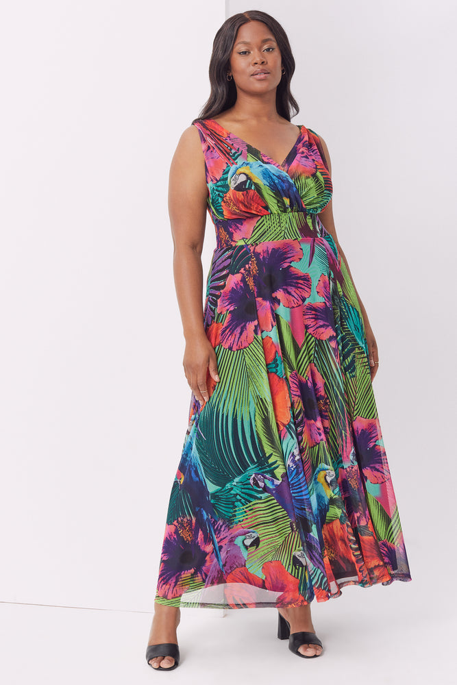 Amelia Tropical Paradise Print Mesh Maxi Dress