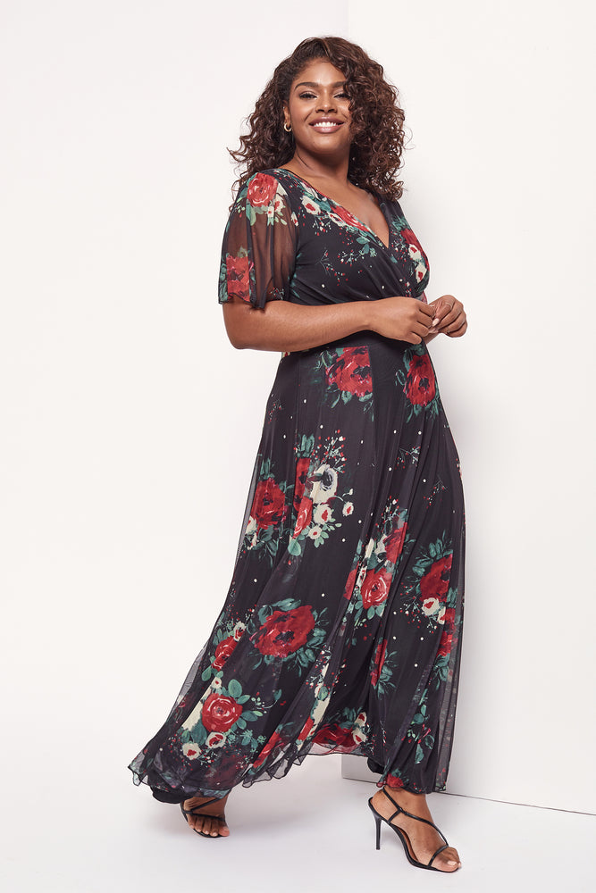 Isabelle Red Black White Float Sleeve Maxi Dress