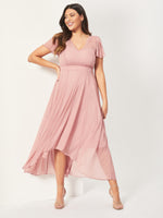 Tilly Pink Blush Print Angel Sleeve Sweetheart Dress