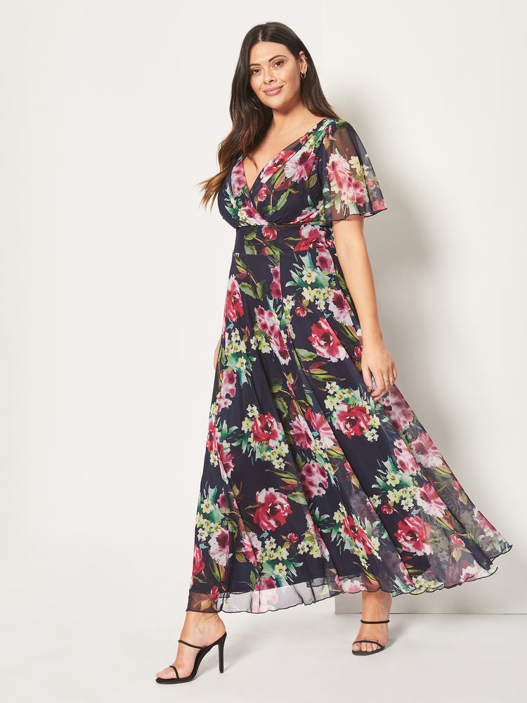 Isabelle Navy Cerise Print Float Sleeve Maxi Dress