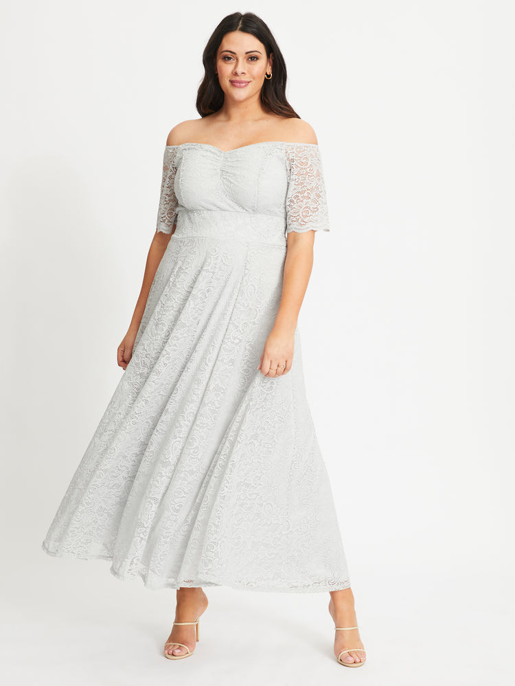 Samantha Silver Lace On or Off The Shoulder Sweetheart Maxi Dress