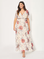 Isabelle Cream Grey Red Rose Float Sleeve Maxi Dress