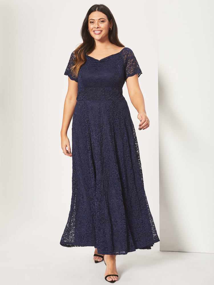 Samantha Navy Lace On or Off The Shoulder Sweetheart Maxi Dress