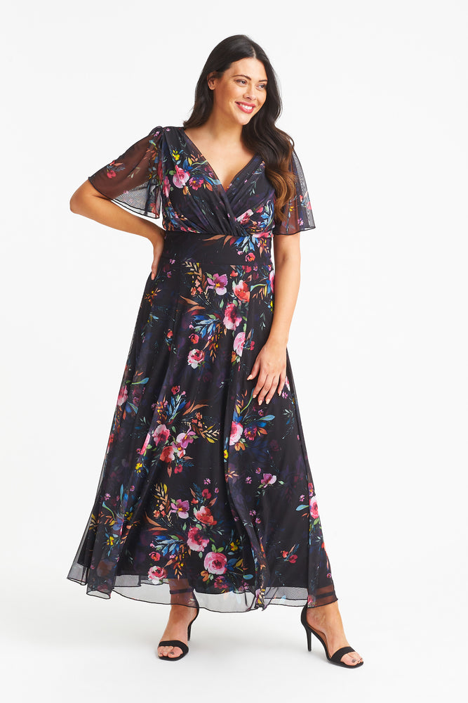 Isabelle Black Pink Multi Print Float Sleeve Maxi Dress